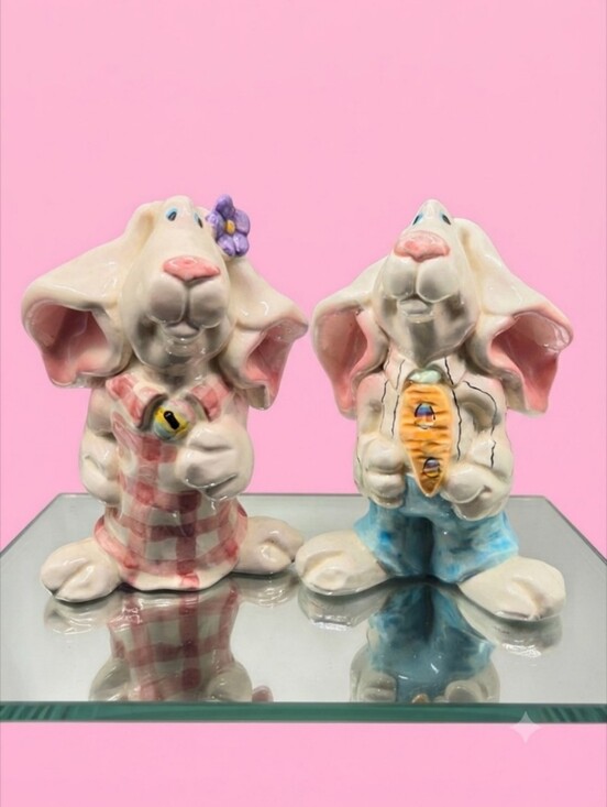 Nantucket Other - Vintage Hand Painted Ceramic Rabbit Couple Figurines **